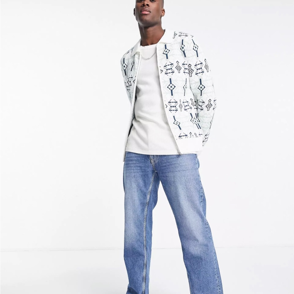 Topman geometric knitted zip through polo in ecru and blue